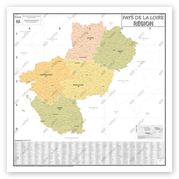 Région Pays de la Loire - Carte administrative vintage - Poster plastifié Grand Format 120x120cm