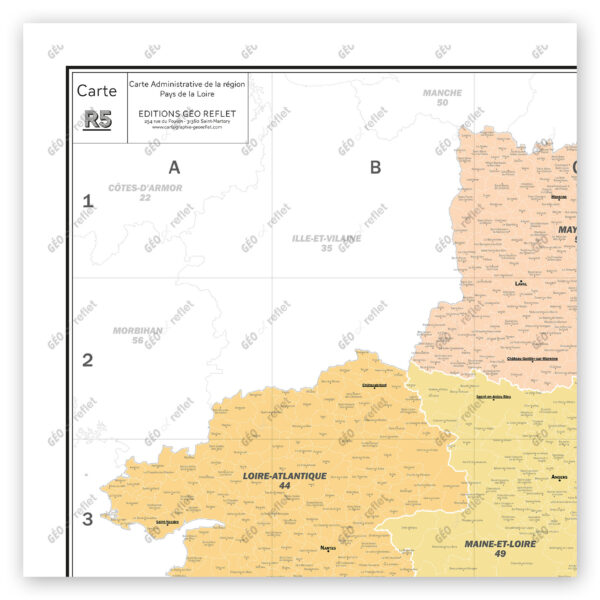 Extrait cartographique de la carte administrative de la Région Pays de la Loire 120x120cm, extrait centré sur le département de la Loire-Atlantique