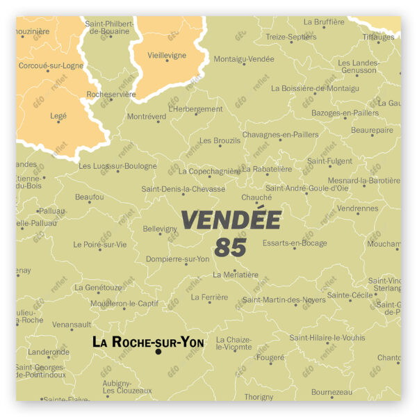 Extrait cartographique de la carte administrative de la Région Pays de la Loire 120x120cm, extrait centré sur le département de la Vendée