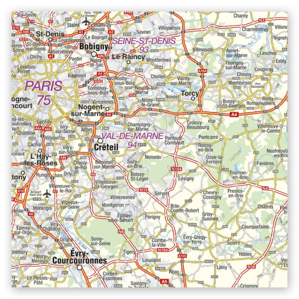 Extrait cartographique de la carte routière de la Région Île-de-France 120x85cm, extrait centré sur Paris et le Val-de-Marne