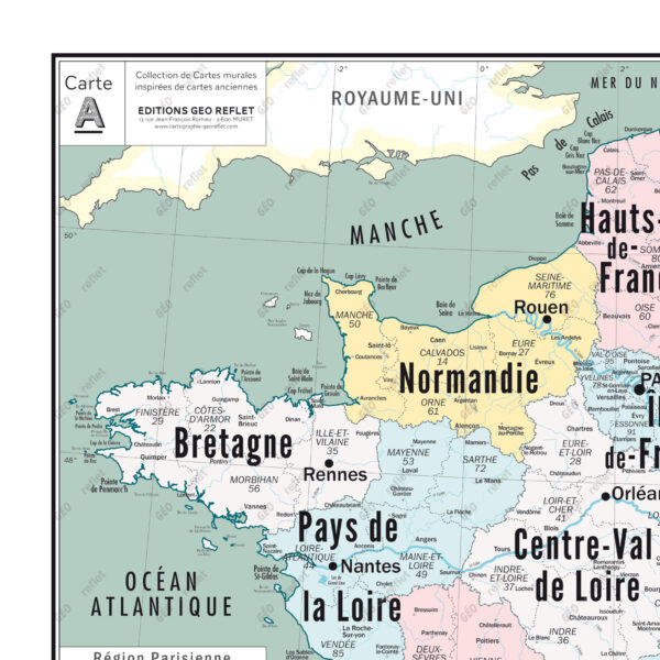 Extrait cartographique de la carte administrative des régions - modèle vintage 100x100cm, extrait centré sur le Nord-Ouest