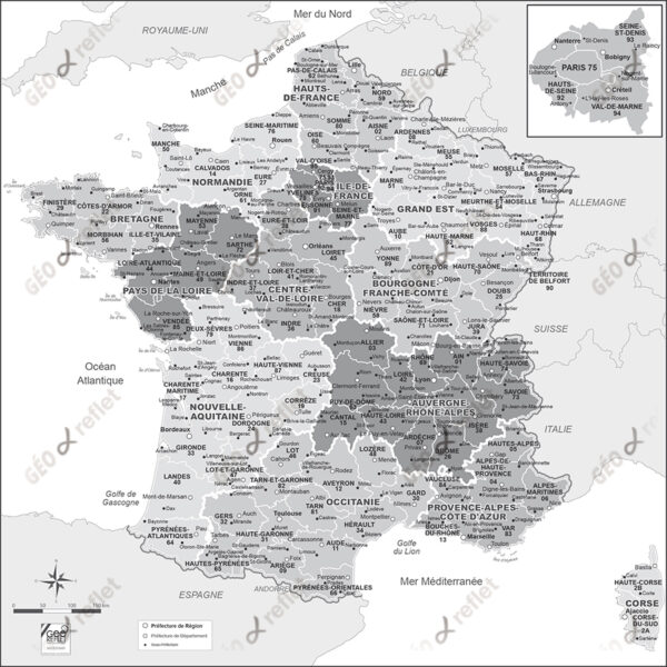 Carte de France Métropolitaine Vecteur, noir et blanc