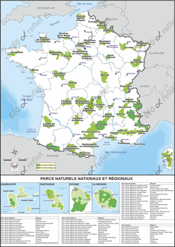 Carte de France Parcs Naturels Nationaux et Régionaux vecteur, format A4
