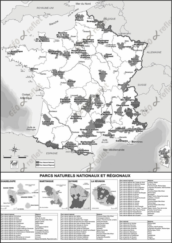 Carte de France Parcs Naturels Nationaux et Régionaux vecteur, format A4, noir et blanc