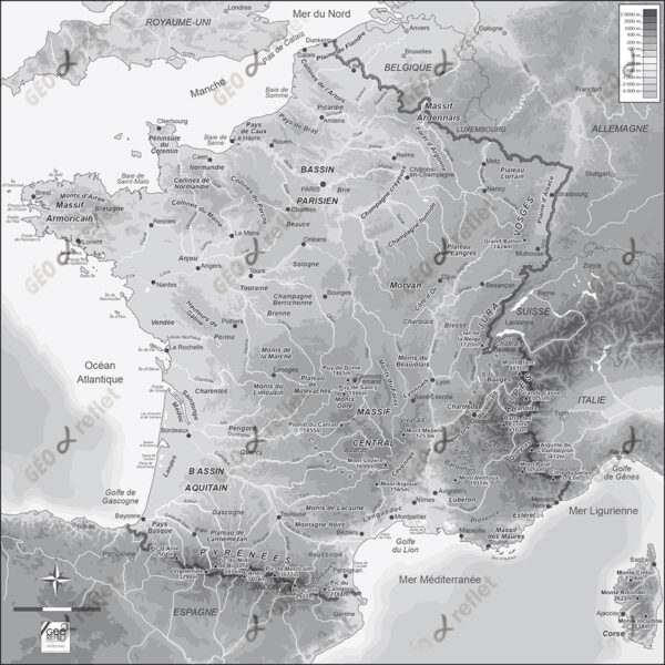 Carte du relief de la France et des pays voisins avec courbes de niveaux vectorielles, noir et blanc