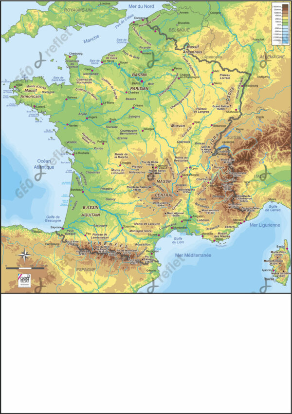 Carte du relief de la France et des pays voisins avec courbes de niveaux vectorielles, format A4