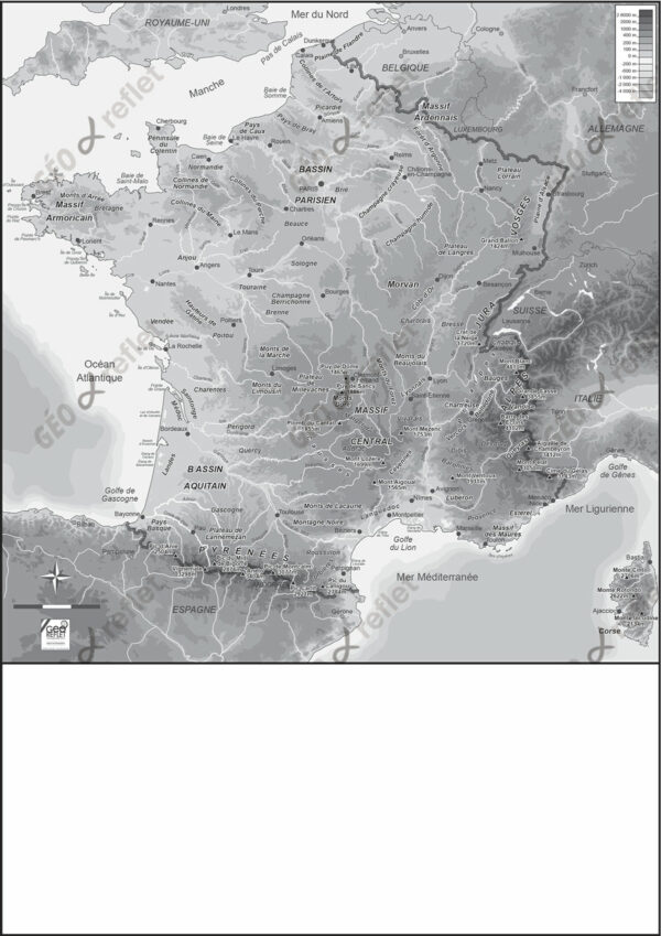 Carte du relief de la France et des pays voisins avec courbes de niveaux vectorielles, format A4, noir et blanc