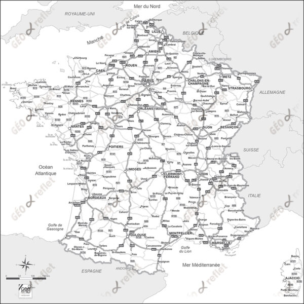 Carte de France routière vecteur, noir et blanc