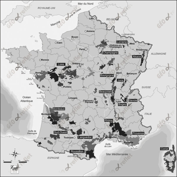 Carte vectorielle des Vignobles de France, noir et blanc