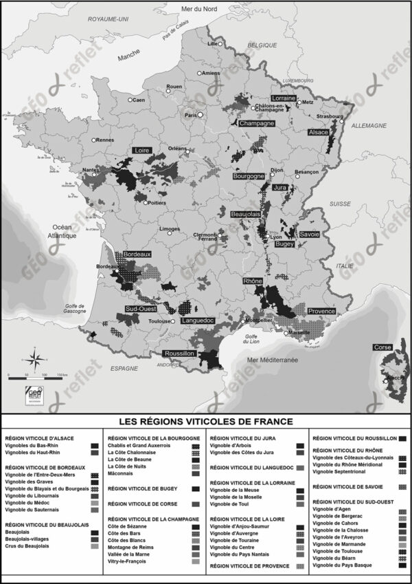 Carte vectorielle des Vignobles de France avec légende, noir et blanc