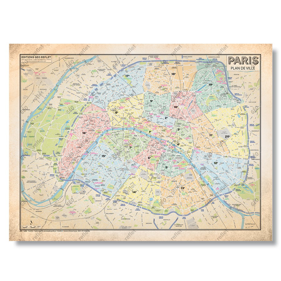 Plan de Paris - Modèle Vintage - Affiche 60x80cm - Boutique déco