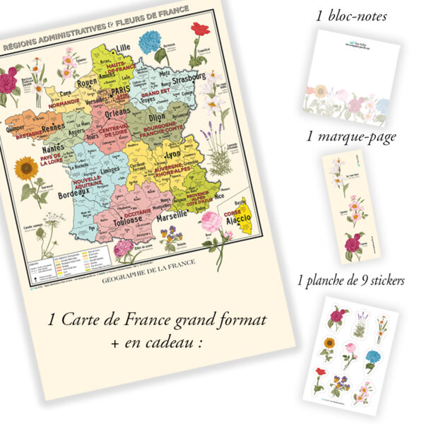 Carte des régions et fleurs de France , présentation du set papeterie offert