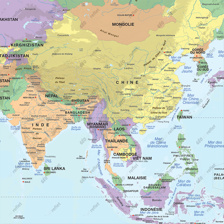 Planisphère centré sur l'Asie - Affiche 50x70cm Boutique