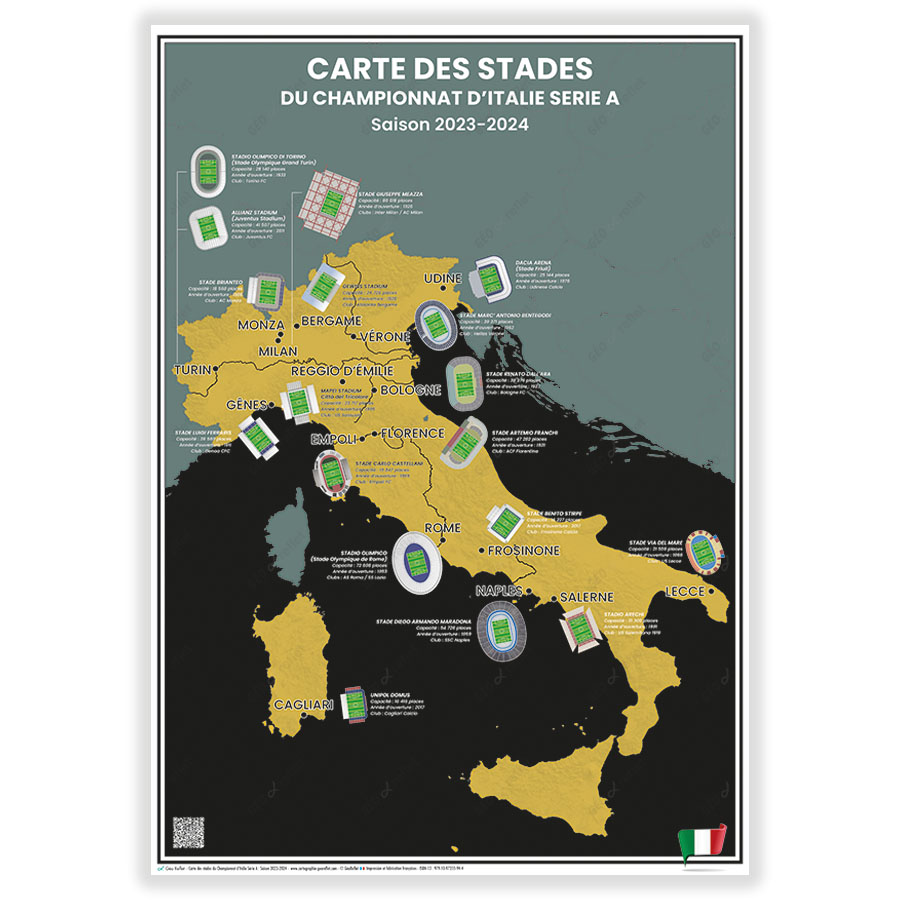 Carte des Stades de Foot du Championnat d'Italie Série A : Saison 2023-2024  -Affiche 50x70cm