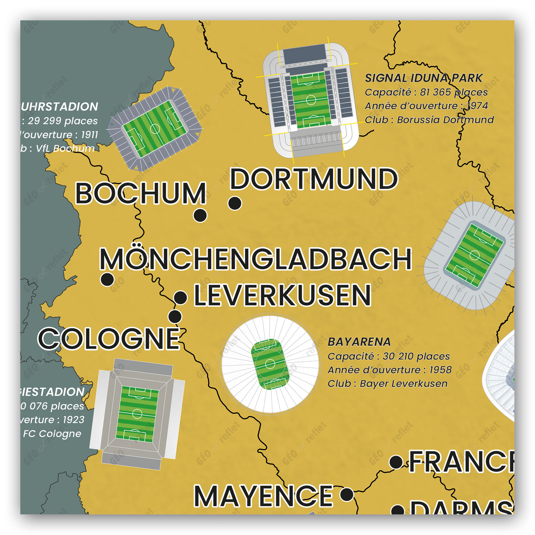 Carte des stades de Foot du Championnat d'Allemagne Bundesliga : Saison  2023-2024 - Affiche 50x70cm