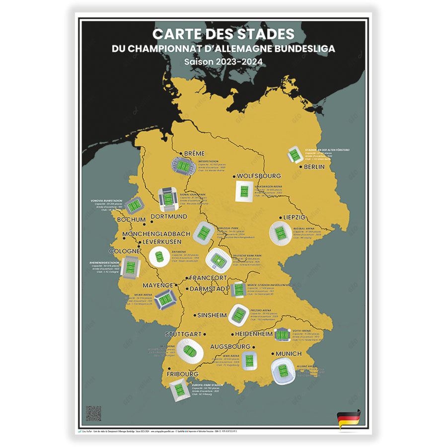 Carte des stades de Foot du Championnat d'Allemagne Bundesliga : Saison  2023-2024 - Affiche 50x70cm