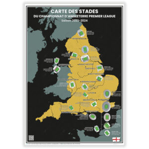Carte des stades du Championnat d’Angleterre Premier League : Saison 2023-2024 - Affiche 50x70cm