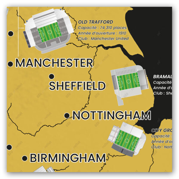 Carte des stades du Championnat d’Angleterre Premier League : Saison 2023-2024 - extrait