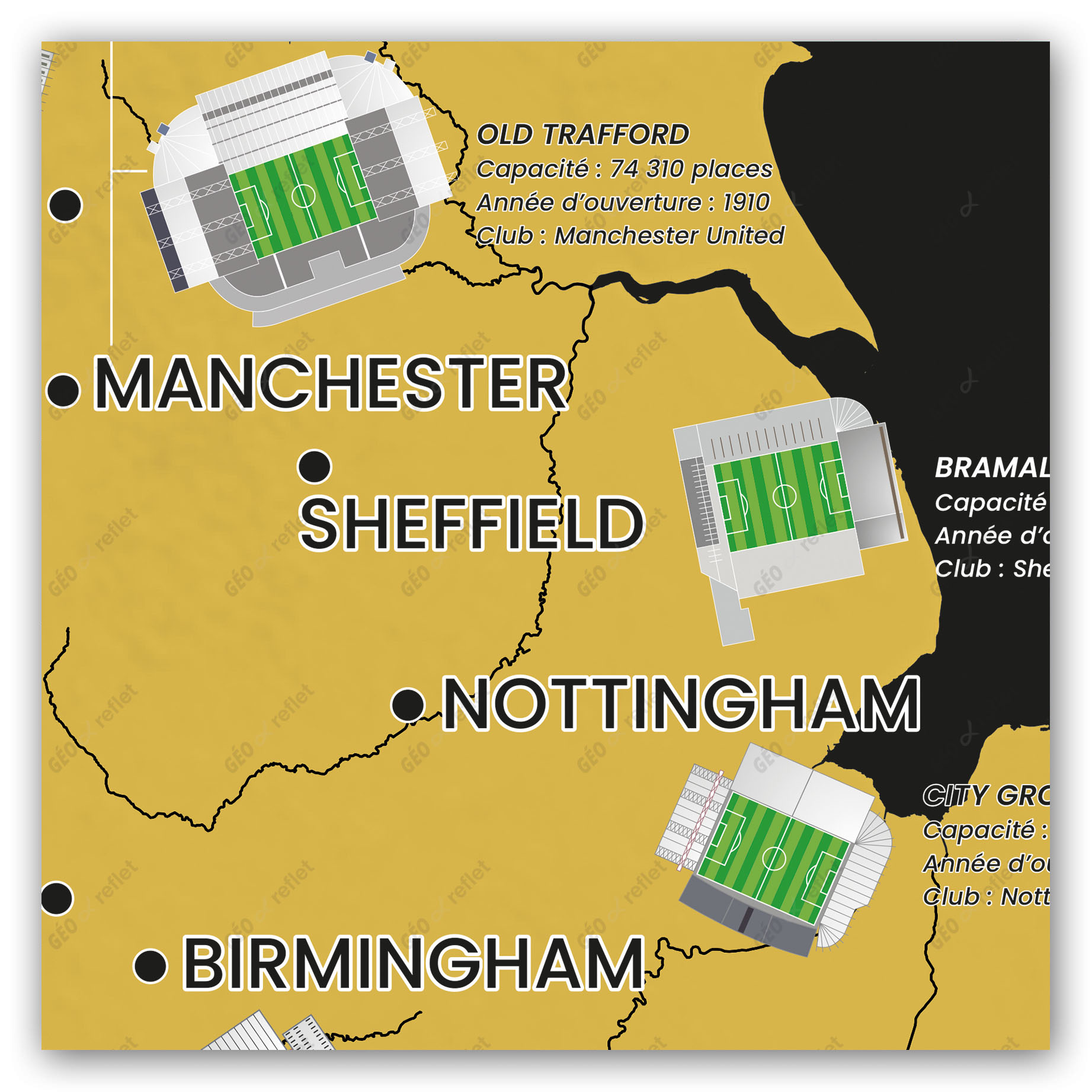 Carte des Stades de Foot du Championnat d'Angleterre Premier League :  Saison 2023-2024 - Affiche 50x70cm