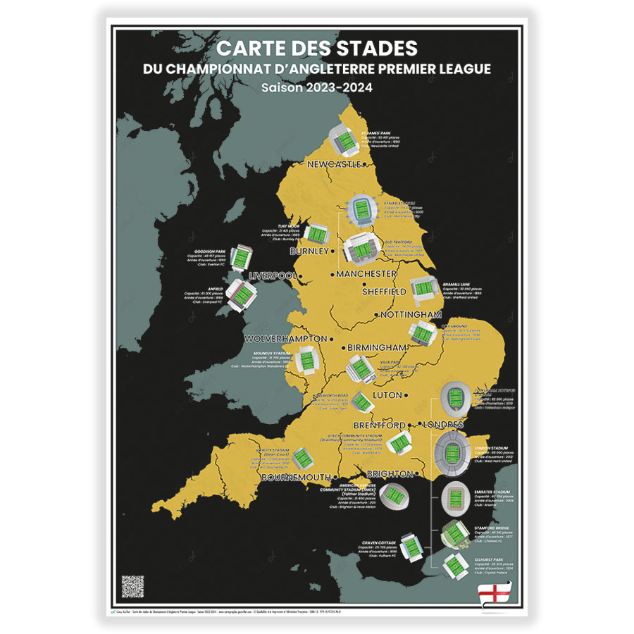 Carte des Stades de Foot du Championnat d'Angleterre Premier League :  Saison 2023-2024 - Affiche 50x70cm
