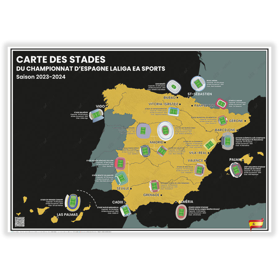 Carte des Stades de Foot du Championnat d'Espagne LaLiga EA Sports : Saison  2023-2024 - Affiche 50x70cm