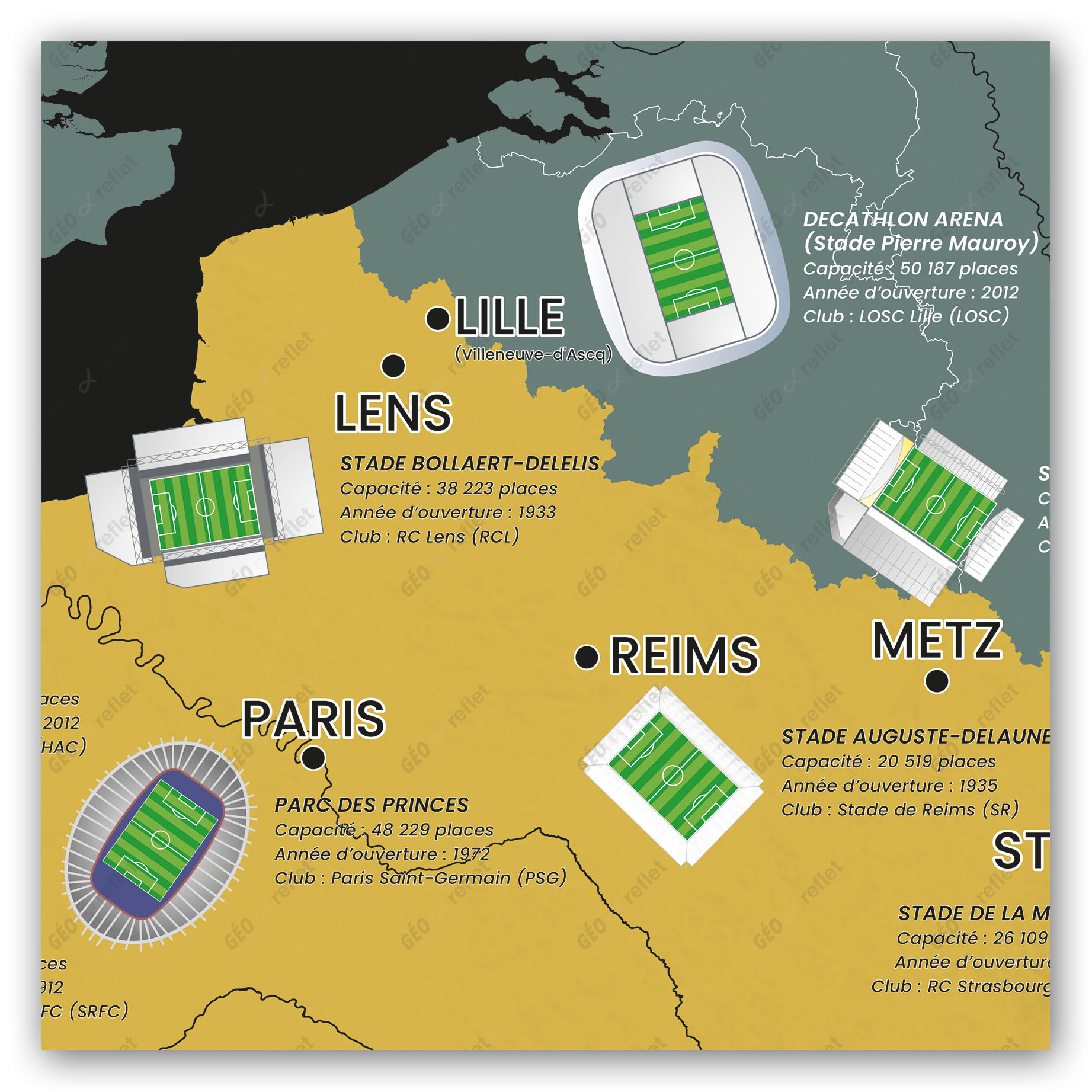 Carte des Stades de Foot du Championnat de France Ligue 1 : Saison 2023-2024  - Affiche 50x70cm