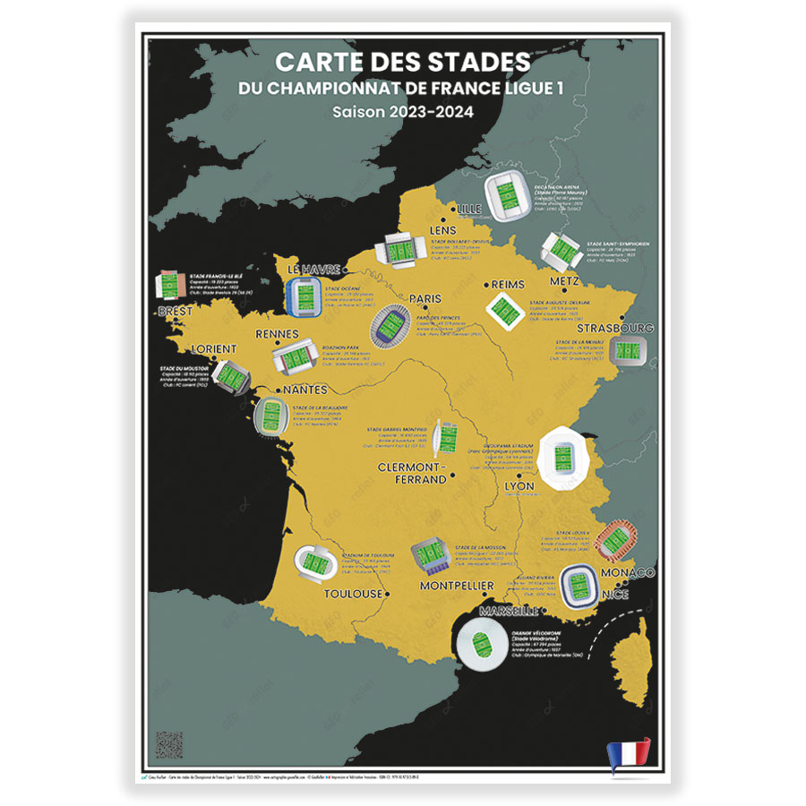 Carte des Stades de Foot du Championnat de France Ligue 1 : Saison 2023-2024  - Affiche 50x70cm