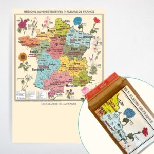 Affiche carte de France Vintage, fleurs et régions de France