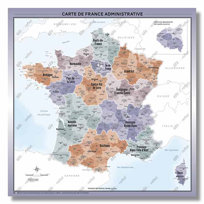 Carte de France administrative Régions et Départements - modèle Aventurine