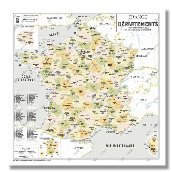 Carte de France administrative des Départements - modèle Vintage