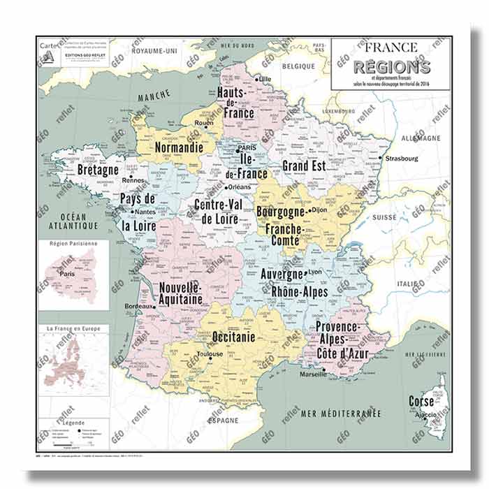 Carte de France administrative Régions et Départements - modèle Vintage