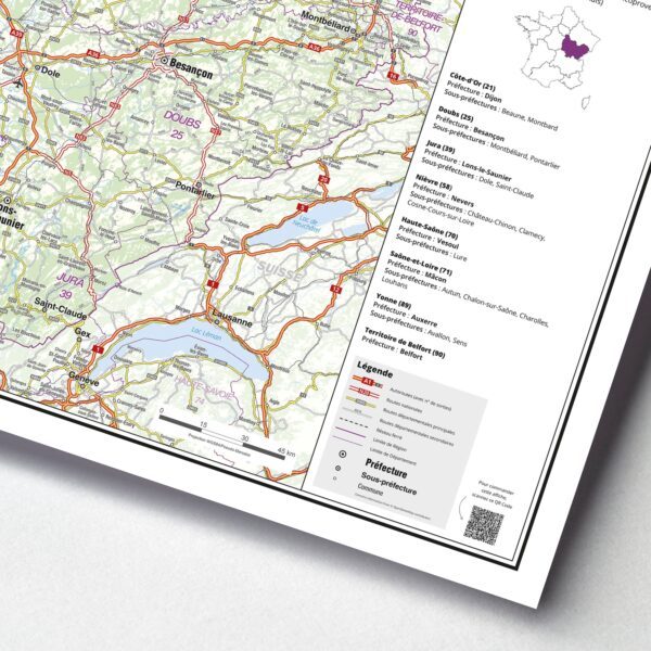 Carte routière de la région Bourgogne-Franche-Comté - extrait