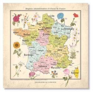 Carte de France Vintage, fleurs et régions de France