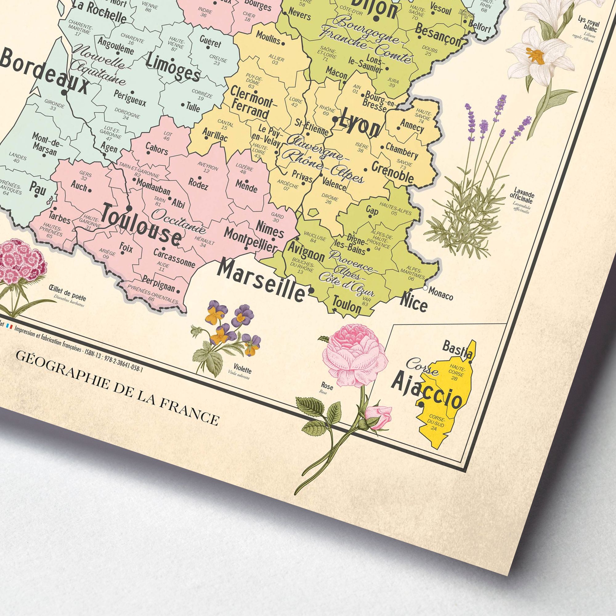 Carte de France Vintage, fleurs et régions de France - extrait