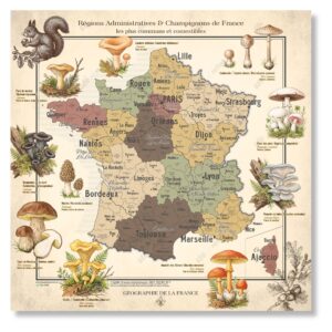 Carte de France Vintage, champignons et régions de France